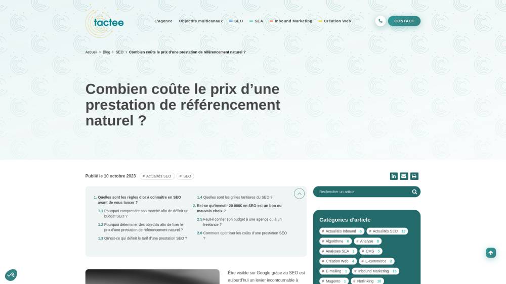 Combien coûte une presta de SEO ? sur Tactee.fr