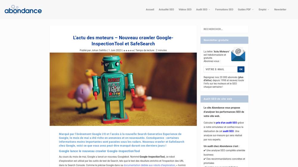 Google-InspectionTool (Nouveau crawler) sur Abondance.com