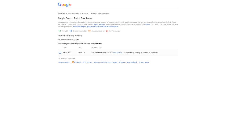 Core Update de novembre 2023 sur Status.search.google.com