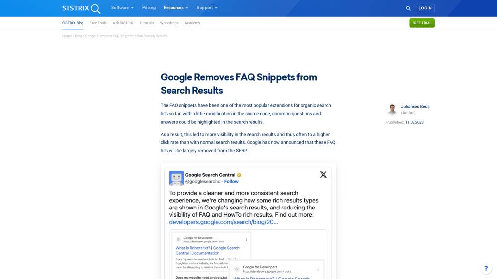 Google retire les FAQ des SERPs sur Sistrix.com