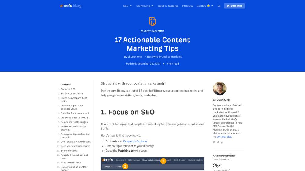 Tips pour votre content marketing sur Ahrefs.com