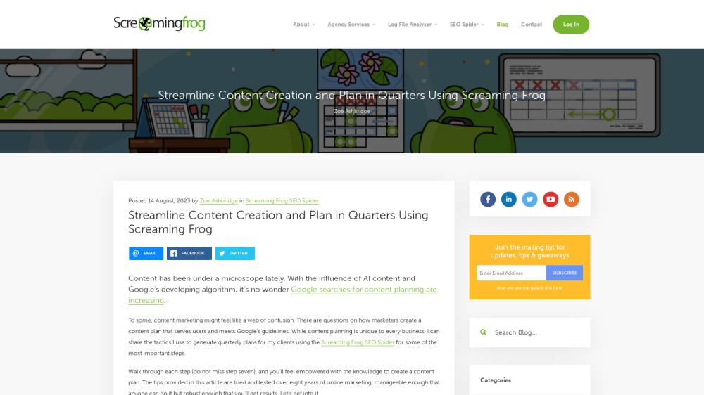 Planning de contenu avec Screaming Frog sur Screamingfrog.co.uk