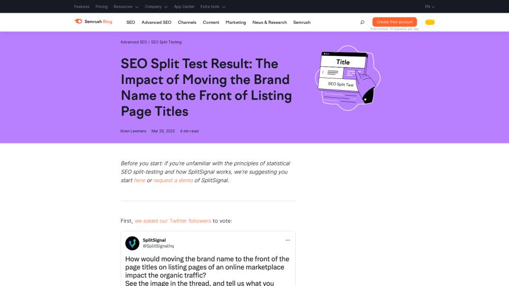 Split Testing et Title Tags sur Semrush.com