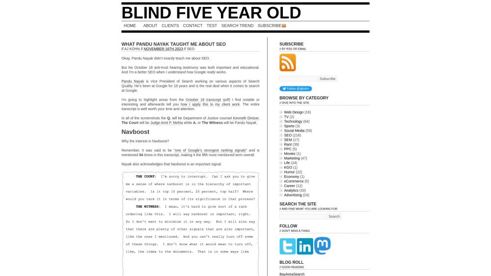 Leçon de SEO par Pandu Nayak sur BlindFiveYearOld.com