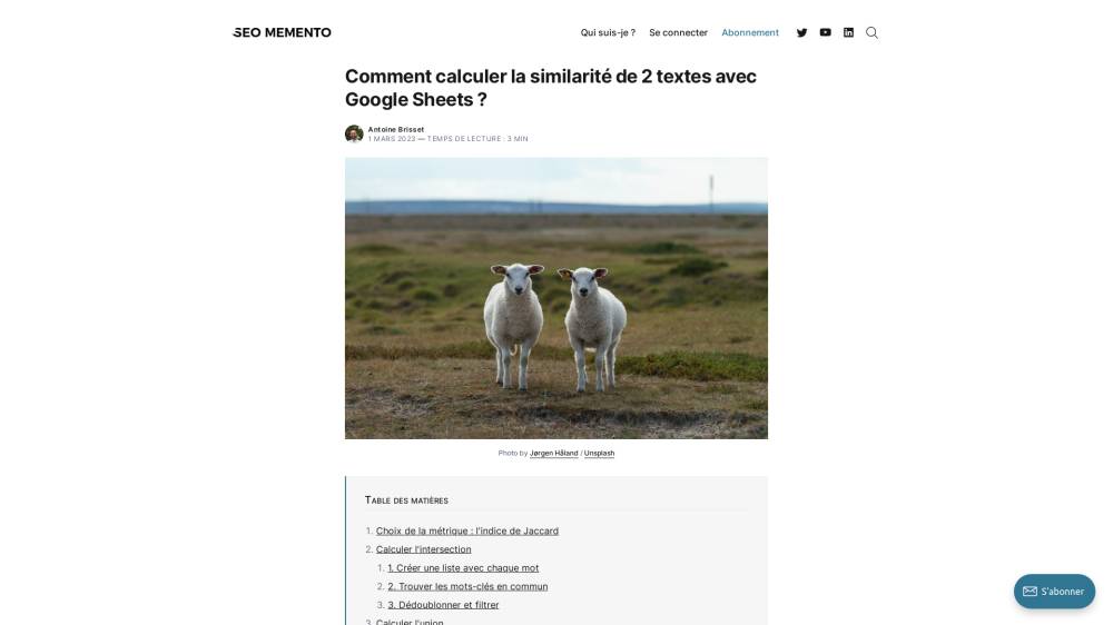 Calcul de similarité avec Google Sheets sur Seomemento.com